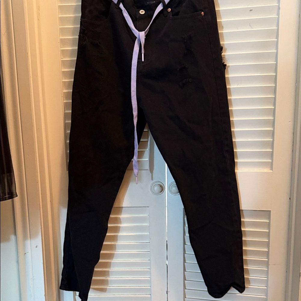 Papermoon Black Straight Leg Jeans with Lavender Tie